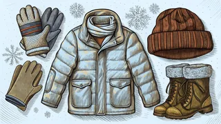 A cozy winter outfit including a scarf, parka, and boots against a snowy backdrop.